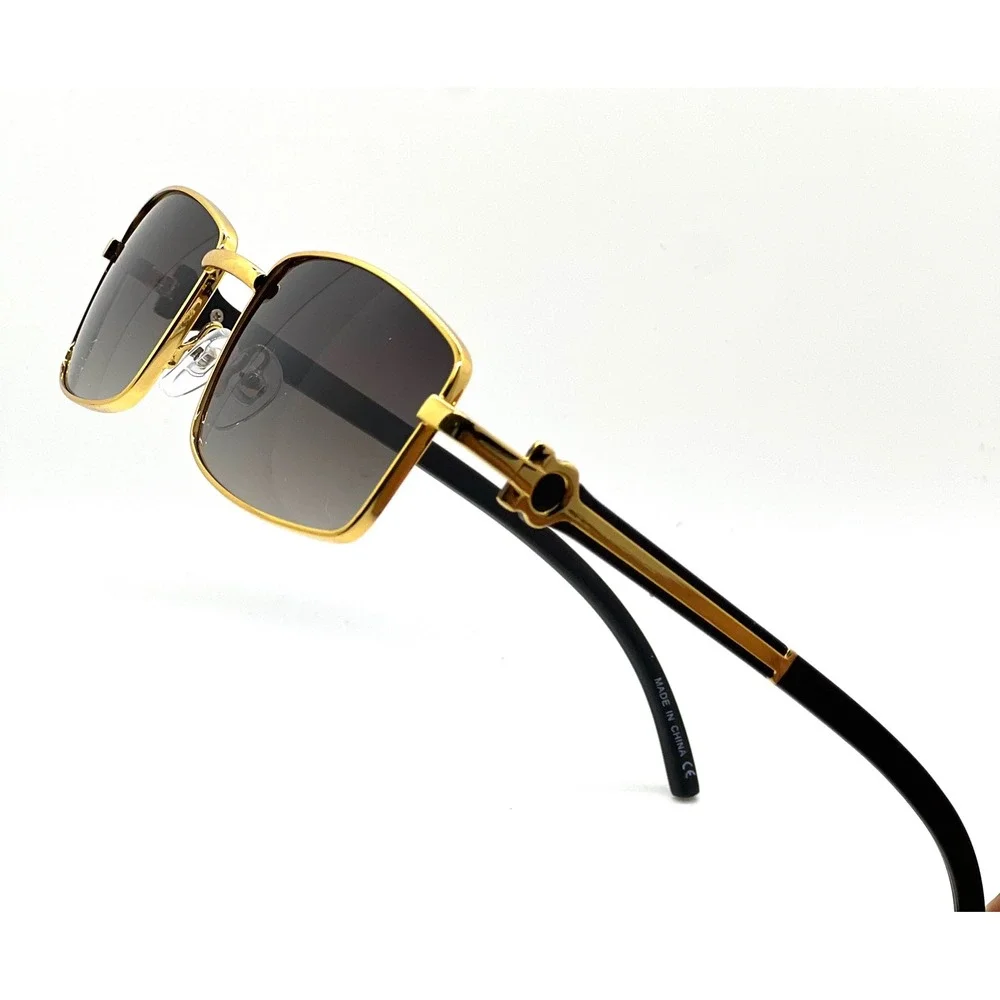 Rectangle Sunglasses Gold Frame Black Arms Mens‎ Fashion Eyewear Sophisticated